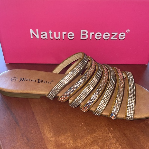 NATURE BREEZE Adrian Crystal Strappy Flat Slide Sandals Copper Rose Gold Size 9 - Picture 2 of 13